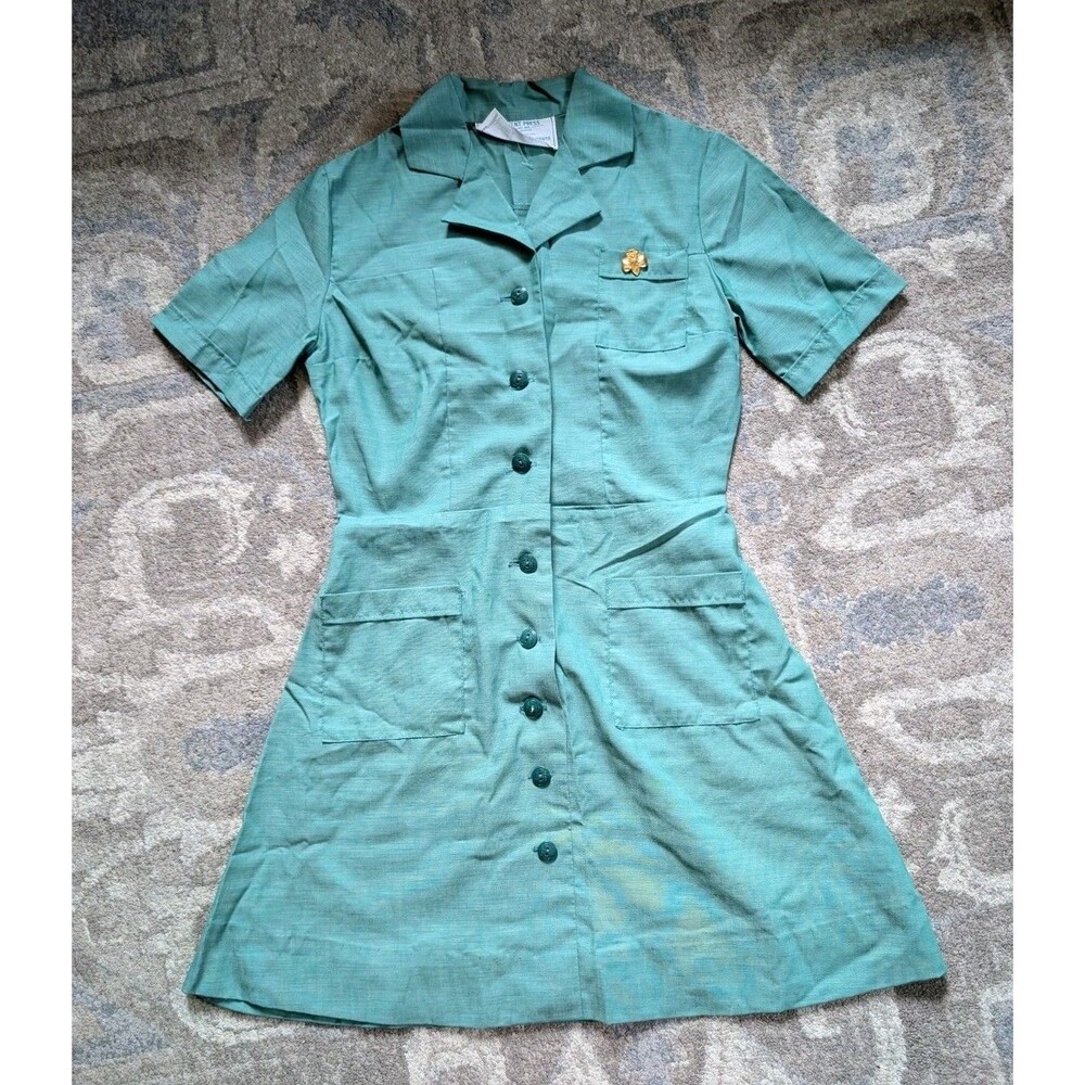 VTG Girl Scouts Uniform Dress Girls Size Green Cotton Button Front 60s Sz 6-7